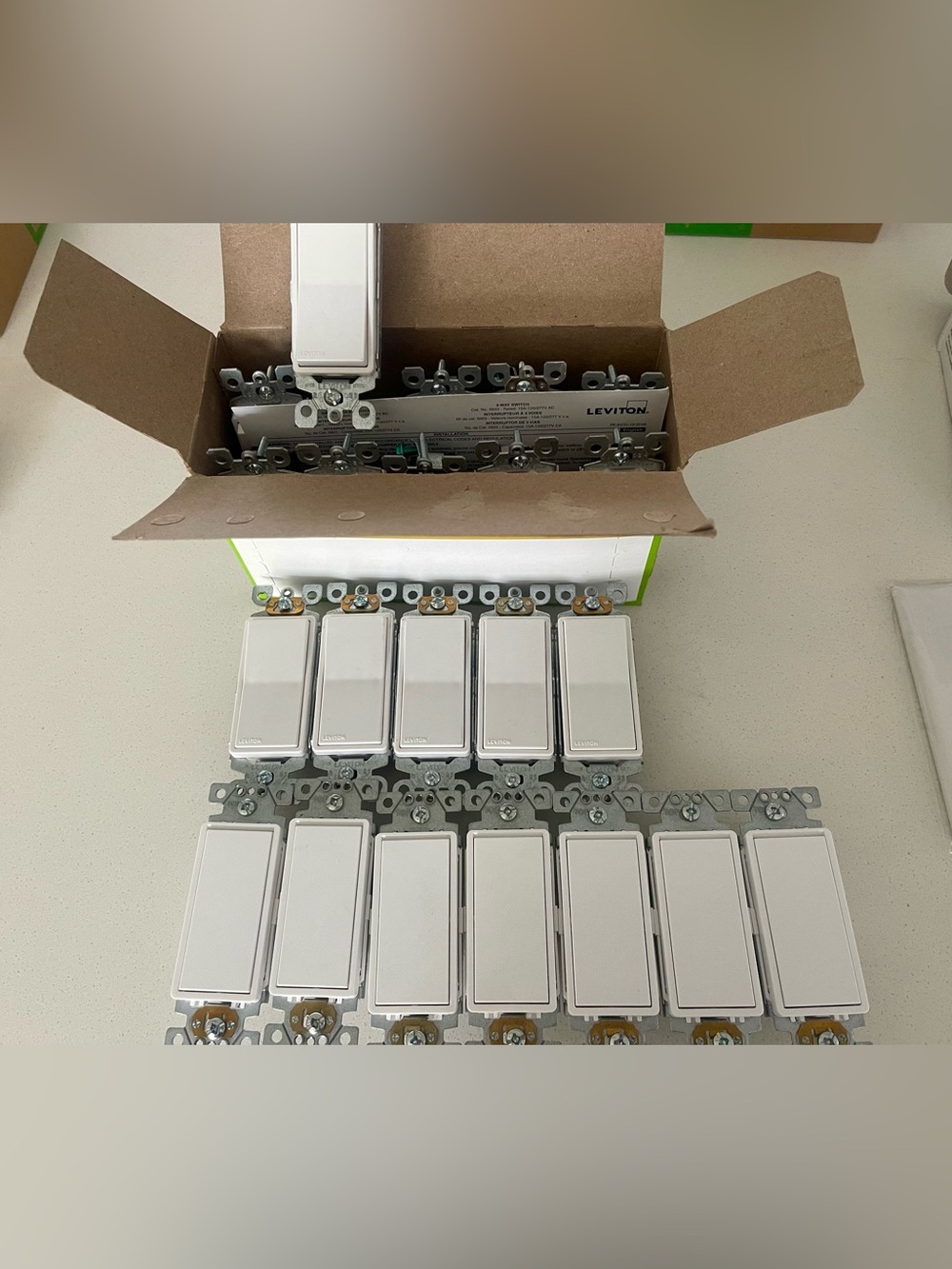 Leviton Schneider White Light Switches and Schneider plates- Lot
